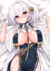 Rule 34 | 1girl, absurdres, azur lane, bare hips, bed sheet, between breasts, blush, braid, breast curtains, breasts, brown rose, cleavage, closed mouth, commentary request, covered navel, cowboy shot, dress, flower, garter straps, gloves, hair between eyes, hair flower, hair ornament, highres, large breasts, lying, on back, on bed, pelvic curtain, revealing clothes, ryara, see-through, sheet grab, silver hair, sirius (azur lane), sirius (azure horizons) (azur lane), smile, solo, white gloves