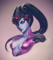 Rule 34 | 1girl, bad id, bad tumblr id, black hair, bodysuit, breasts, center opening, colored skin, eyebrows, eyelashes, head-mounted display, high ponytail, highres, lips, lipstick, long hair, looking at viewer, makeup, no bra, nose, overwatch, overwatch 1, ponytail, purple skin, raikoart, revision, sideboob, small breasts, solo, upper body, very long hair, widowmaker (overwatch), yellow eyes