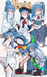 Rule 34 | 5girls, :d, adapted costume, alternate costume, alternate hairstyle, black headwear, blue hair, blue skirt, blush, boots, bow, breasts, center frills, character name, china dress, chinese clothes, covered mouth, dress, enmaided, flat chest, food, foot out of frame, frills, fruit, full body, grey background, hair between eyes, hair bun, hands on own hips, hat, highres, hinanawi tenshi, knee up, leaf, leg up, long hair, maid, maid headdress, multiple girls, multiple views, open mouth, peach, peach print, poncho, puffy short sleeves, puffy sleeves, red bow, red eyes, shadow, shirt, short sleeves, side slit, sidelocks, simple background, skirt, small breasts, smile, smug, squatting, standing, thighhighs, touhou, tsune (tune), twintails, v-shaped eyebrows, white dress, white shirt