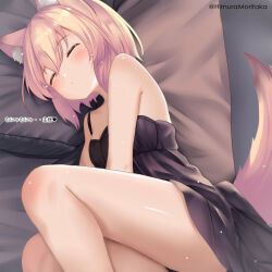 Rule 34 | 1girl, absurdres, animal ear fluff, animal ears, babydoll, bare shoulders, bed, black babydoll, blonde hair, blush, closed eyes, commentary request, fox ears, fox girl, fox tail, hair between eyes, highres, himura moritaka, loungewear, on bed, original, pillow, short hair, sleeping, solo, tail, thighs, translation request, twitter username