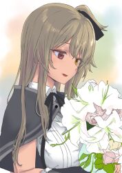 1girl assault_lily black_capelet black_ribbon bouquet breasts brown_hair buttons capelet collared_shirt colorful_background commentary detached_sleeves flower frilled_sleeves frills gradient_background green_background hair_between_eyes hair_ribbon hands_up heterochromia highres holding holding_bouquet kuo_shenlin light_smile lily_(flower) long_hair looking_at_flowers looking_down medium_breasts neck_ribbon one_side_up orange_background parted_lips pink_flower pink_rose red_eyes ribbon rose school_uniform shirt sidelocks solo su_(sconbuoishi) suspenders underbust upper_body white_background white_flower yellow_eyes yurigaoka_girls_academy_school_uniform