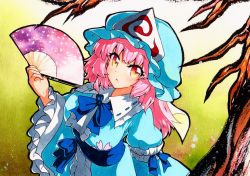 Rule 34 | 1girl, bare tree, blue bow, blue bowtie, blue hat, blue kimono, blue sash, bow, bowtie, gradient background, green background, hand fan, hat, holding, holding fan, japanese clothes, kimono, long sleeves, looking at viewer, medium hair, mob cap, open mouth, pink hair, qqqrinkappp, red eyes, saigyouji yuyuko, sash, solo, touhou, traditional media, tree, triangular headpiece, upper body