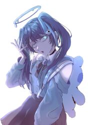 1girl ado_(utaite) animal_bag backpack bag black_ribbon black_skirt blue_eyes blue_flower blue_ribbon blue_rose blue_shirt chando_(ado) choker commentary cowboy_shot darling_dance_(vocaloid) dress_shirt flower flower_brooch hair_ribbon halo highres long_hair long_sleeves looking_at_viewer melting_halo mole mole_under_eye neck_ribbon o-ring o-ring_choker open_mouth ribbon rose shirt sido_(sido_mrtsnkc) simple_background skirt solo twintails utaite white_background