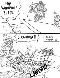 Rule 34 | &gt; &lt;, 2koma, 3girls, = =, admiral (kancolle), ark royal (kancolle), beret, bird, character name, comic, commentary, crash, crown, english text, failure, first aid kit, greyscale, guin guin, hat, jervis (kancolle), kantai collection, long hair, mini crown, monochrome, multiple girls, non-human admiral (kancolle), open mouth, penguin, running, short hair, warspite (kancolle), wheelchair
