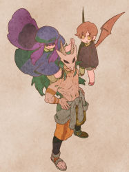Rule 34 | 1girl, 2boys, a&#039;long (the legend of luoxiaohei), black hoodie, brown background, brown hair, dong dong (the legend of luoxiaohei), green hair, height difference, hood, hoodie, horns, kuizhi (the legend of luoxiaohei), long hair, long sleeves, multiple boys, navel, purple hair, saltandpepper, shoes, short hair, luo xiaohei zhanji, topless male, wings