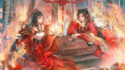 Rule 34 | 2girls, absurdres, artist request, bare shoulders, black hair, bowl, branch, chi lian (qin shi ming yue), closed mouth, cup, dual persona, flower, folding screen, hair ornament, highres, holding, holding cup, indoors, lamp, long hair, looking at another, multiple girls, off shoulder, qinshi mingyue, second-party source, sitting, table, vase