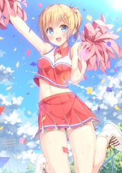 Rule 34 | 1girl, :d, arm up, bare arms, blonde hair, blue eyes, blue sky, blush, boots, breasts, chain-link fence, cheerleader, cleavage, cloud, confetti, crop top, day, fence, hair ornament, hairclip, holding, impossible clothes, jumping, kaname 024, legs up, looking at viewer, medium breasts, midriff, moe2017, navel, open mouth, original, outdoors, pleated skirt, pom pom (cheerleading), round teeth, short hair, short ponytail, side ponytail, skirt, sky, sleeveless, smile, solo, sweat, teeth, wing collar