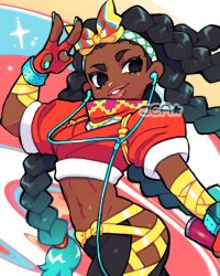 Rule 34 | 1girl, arm wrap, black hair, blue nails, bow hairband, colored tips, crop top, dark-skinned female, dark skin, earbuds, earphones, eyelashes, fingerless gloves, gloves, gradient hair, hairband, highres, hip vent, jea (voltaej), kimberly jackson, lips, long hair, midriff, multicolored background, multicolored hair, pants, quad braids, red gloves, short sleeves, smirk, solo, street fighter, street fighter 6, thick eyebrows, toned, very dark skin, yellow hairband