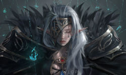 Rule 34 | 1girl, armor, blindfold, elf, closed eyes, facial mark, feather collar, highres, lips, long hair, pauldrons, pointy ears, shoulder armor, silver hair, solo, wlop