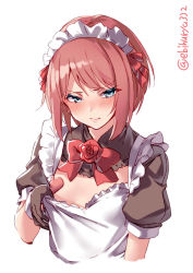 Rule 34 | 1girl, 3:, alternate costume, apron, ark royal (kancolle), blue eyes, blunt bangs, blush, bob cut, cleavage cutout, closed mouth, clothing cutout, colored eyelashes, covered erect nipples, dress, ebifurya, embarrassed, enmaided, flat chest, grey dress, heart pasties, highres, kantai collection, lips, looking at viewer, maid, maid apron, maid headdress, nipples, no bra, pasties, puffy short sleeves, puffy sleeves, red hair, red ribbon, ribbon, short hair, short sleeves, simple background, solo, tsurime, twitter username, upper body, v-shaped eyebrows, white background