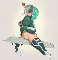 Rule 34 | 1girl, arrow (symbol), black thighhighs, bottomless, cleft of venus, closed eyes, cursor, digital dissolve, ene (kagerou project), fat mons, flat chest, green hair, headphones, heart, highres, jacket, kagerou project, licking, long hair, mini person, minigirl, no panties, norasuko, phallic symbol, pointer, pussy, pussy juice, simple background, sitting, solo, straddling, stylus, thighhighs, tongue, tongue out, track jacket, twintails, uncensored