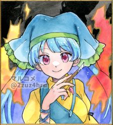 Rule 34 | 1girl, 2zuz4hru, apron, artist name, blue hair, border, commentary request, dress, green apron, green headwear, hand up, haniyasushin keiki, head scarf, jewelry, knife, long hair, looking at viewer, magatama, magatama necklace, necklace, painting (medium), partial commentary, pink eyes, puffy sleeves, ribbon, single strap, smile, solo, tools, touhou, traditional media, turtleneck, twitter username, upper body, watercolor (medium), watermark, wrist ribbon, yellow dress