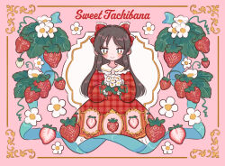 Rule 34 | 1girl, black hair, blush, bouquet, bow, brown eyes, collared dress, dress, english text, flower, food, fruit, hair bow, highres, holding, holding bouquet, idolmaster, idolmaster cinderella girls, leaf, long hair, looking at viewer, mokume rin, pink background, plaid, plaid bow, plaid dress, red bow, red dress, smile, solo, straight-on, strawberry, tachibana arisu, tagme, upper body