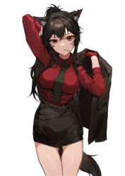 Rule 34 | 1girl, absurdres, animal ear fluff, animal ears, arknights, arm behind head, belt, black belt, black hair, black jacket, black necktie, black skirt, breasts, cigarette, closed mouth, collared shirt, cowboy shot, dress shirt, earrings, gloves, hand up, highres, holding, holding clothes, holding jacket, jacket, jewelry, long hair, long sleeves, looking at viewer, medium breasts, molyb, mouth hold, necktie, official alternate costume, pencil skirt, ponytail, red eyes, red gloves, red shirt, shirt, sidelocks, simple background, skirt, solo, tail, texas (arknights), texas (willpower) (arknights), white background, wolf ears, wolf girl, wolf tail