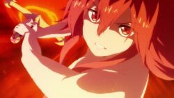 Rule 34 | 1girl, animated, anime screenshot, arm up, ass, back, breasts, collarbone, completely nude, earnest flaming, eiyuu kyoushitsu, fire, groin, hair between eyes, highres, holding, holding sword, holding weapon, huge ass, large breasts, long hair, navel, no nipples, no pussy, nude, red eyes, red hair, screencap, smile, sound, stomach, sword, tagme, thighs, toned, toned female, toned stomach, video, weapon