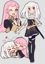 Rule 34 | &gt; &lt;, 2girls, alternate hairstyle, artist name, belt, blunt bangs, boots, closed eyes, closed mouth, do m kaeru, female focus, fire emblem, fire emblem: three houses, full body, garreg mach monastery uniform, grey background, hilda valentine goneril, knee boots, long hair, long sleeves, lysithea von ordelia, matching hair/eyes, multiple girls, nintendo, one eye closed, open mouth, pink eyes, pink hair, scabbard, sheath, sheathed, simple background, sleeves rolled up, standing, sword, thighhighs, twintails, uniform, weapon, white hair, wink