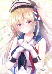 Rule 34 | 1girl, absurdres, bare shoulders, blonde hair, blue neckerchief, blue oath, blue sailor collar, blush, breasts, dress, foch (blue oath), frilled dress, frills, gloves, hair between eyes, hair ribbon, hands on own chest, hat, highres, long hair, looking at viewer, medium breasts, multicolored clothes, multicolored dress, neckerchief, one side up, parted lips, red eyes, ribbon, sailor collar, sleeveless, sleeveless dress, solo, upper body, very long hair, white background, white gloves, yukizuki chikuba