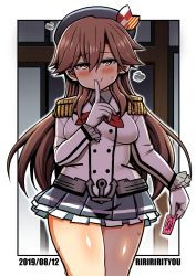 Rule 34 | 1girl, arashio (kancolle), artist name, beret, blush, breasts, breath, brown hair, condom, condom wrapper, cosplay, dated, epaulettes, finger to mouth, frilled sleeves, frills, gloves, hat, heart, heart-shaped pupils, highres, holding, holding condom, indoors, kantai collection, kashima (kancolle), kashima (kancolle) (cosplay), long hair, long sleeves, pleated skirt, richou (zerozero1101), skirt, smile, solo, sweat, symbol-shaped pupils, thighs, white gloves