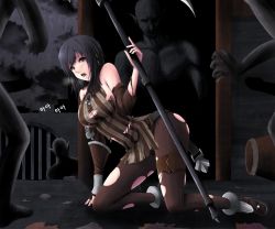 Rule 34 | 1girl, black hair, black theme, breasts, brown eyes, evy (mabinogi), imminent rape, kneeling, korean text, large breasts, long hair, mabinogi, mabinogi heroes, monster, scythe, solo, solo focus, stripe, striped, torn clothes, you gonna get raped