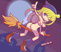 Rule 34 | 1girl, 2022, anus, ass, blonde hair, blue eyes, boots, breasts, broom, cleft of venus, exhibitionism, female focus, flying, furii, medium breasts, moon, nipples, nude, public indecency, pussy, puyopuyo, witch, witch (puyopuyo)