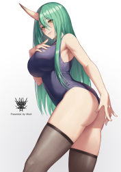 Rule 34 | 1girl, aqua hair, arknights, artist logo, artist name, ass, bare shoulders, black thighhighs, blue one-piece swimsuit, blush, breasts, commentary request, grin, hair between eyes, highres, horns, hoshiguma (arknights), long hair, looking at viewer, mool yueguang, one-piece swimsuit, single horn, smile, solo, swimsuit, thighhighs, very long hair, yellow eyes