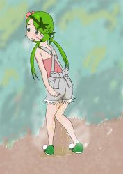 Rule 34 | 1girl, artist request, ass, blush, bow, creatures (company), embarrassed, female focus, flower, flying sweatdrops, from behind, full body, game freak, green eyes, green footwear, green hair, grey bow, hair flower, hair ornament, hair tie, hairband, hand on ass, have to pee, highres, knees together feet apart, long hair, looking at viewer, looking back, mallow (pokemon), nintendo, outdoors, overalls, peeing, peeing self, pink flower, pink shirt, pokemon, pokemon sm, puddle, shirt, shoes, solo, standing, strapless, strapless shirt, sweat, twintails, wavy mouth, wet, wet clothes