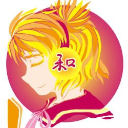 Rule 34 | 1girl, colored eyelashes, earmuffs, closed eyes, flat color, glowing, head only, headphones, justin hsu, no lineart, pink ribbon, profile, ribbon, round image, short hair, smile, solo, touhou, toyosatomimi no miko