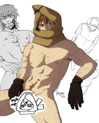 Rule 34 | 1boy, abs, alternate body hair, arm hair, armpit hair, armpit hair peek, bara, beard, blue eyes, brown hair, censored, character censor, chest hair, chibi, chibi inset, collage, completely nude, facial hair, feet out of frame, fur hat, golden kamuy, h4tter, hairy, hat, highres, leg hair, looking to the side, male focus, mature male, muscular, muscular male, navel, navel hair, nipples, novelty censor, nude, pectorals, scar, scar on face, scar on mouth, short hair, sideburns, sitting, sketch, stomach, thighs, toned, toned male, ushanka, vasily (golden kamuy)