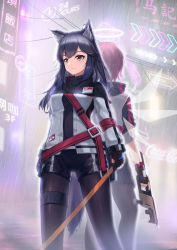 Rule 34 | 2girls, animal ear fluff, animal ears, arknights, arrow (symbol), back-to-back, black gloves, black hair, black legwear, black shorts, breasts, brown eyes, closed mouth, commentary request, energy wings, english text, exusiai (arknights), facing away, fingerless gloves, gloves, gun, halo, highres, holding, holding gun, holding weapon, jacket, kriss vector, pantyhose under shorts, long hair, long sleeves, looking away, mo ying yu, multiple girls, neon lights, pantyhose, rain, red hair, short shorts, short sleeves, shorts, small breasts, standing, submachine gun, texas (arknights), transparent, weapon, white jacket