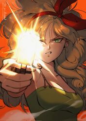 Rule 34 | 1girl, artist name, blonde hair, bow, breasts, cleavage, dragon ball, dragon ball (classic), firing, green eyes, green shirt, gun, hair bow, highres, holding, holding gun, holding weapon, hydeover9000, long hair, looking at viewer, lunch (bad) (dragon ball), lunch (dragon ball), medium breasts, one eye closed, orange background, red bow, shirt, sleeveless, sleeveless shirt, solo, upper body, weapon