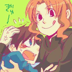 Rule 34 | 00s, 2boys, :q, albert de morcerf (gankutsuou), black eyes, blue eyes, blush, flying sweatdrops, gankutsuou, green background, hug, long sleeves, looking at another, lowres, male focus, multiple boys, orange hair, peppo, simple background, smile, surprised, sweatdrop, tongue, tongue out, trap, upper body, veins