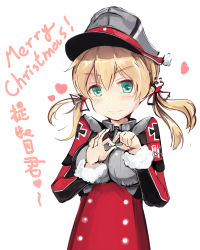 Rule 34 | 10s, 1girl, blonde hair, christmas, fur trim, green eyes, hair ornament, hand gesture, hat, heart, highres, hijack, kantai collection, looking at viewer, merry christmas, military, military hat, military uniform, peaked cap, prinz eugen (kancolle), simple background, smile, solo, twintails, uniform, upper body, white background