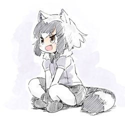 Rule 34 | 10s, 1girl, :d, animal ears, black bow, black bowtie, bow, bowtie, brown eyes, commentary request, common raccoon (kemono friends), crossed legs, fang, full body, fur collar, grey hair, kemono friends, looking away, medium hair, multicolored hair, open mouth, pantyhose, panzuban, puffy short sleeves, puffy sleeves, raccoon ears, raccoon tail, short sleeves, simple background, sitting, skirt, smile, solo, tail, two-tone hair, white hair
