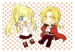Rule 34 | 1boy, 1girl, ;d, black jacket, black pants, black skirt, blonde hair, blouse, blue eyes, boots, braid, braided ponytail, chibi, clenched teeth, coat, edward elric, eyes visible through hair, floating hair, full body, fullmetal alchemist, gloves, grin, heart, heart background, holding, holding wrench, jacket, ok sign, one eye closed, open mouth, own hands clasped, own hands together, pants, ponytail, red coat, shirt, simple background, skirt, sleeveless, sleeveless shirt, smile, teeth, tsukuda0310, white background, white gloves, white shirt, winry rockbell, wrench