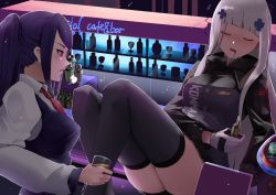 Rule 34 | 2girls, alcohol, artist request, bar (place), bartender, beer, beret, bottle, cocktail shaker, commission, crossover, cup, drinking glass, drooling, drunk, girls&#039; frontline, glass bottle, hat, hk416 (girls&#039; frontline), jill stingray, multiple girls, necktie, purple hair, red eyes, silver hair, sleeping, thighhighs, va-11 hall-a, wine bottle