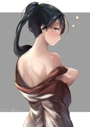 Rule 34 | 1girl, bad id, bad twitter id, blush, closed mouth, grey background, grey eyes, houshou (kancolle), japanese clothes, juurouta, kantai collection, kimono, long hair, looking at viewer, one-hour drawing challenge, ponytail, simple background, solo, undressing, white background