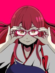 Rule 34 | 1girl, adjusting eyewear, akagi (kancolle), brown eyes, glasses, japanese clothes, kantai collection, muneate, pako (pousse-cafe), red background, red hair, smile, solo, upper body