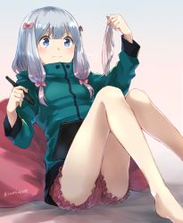 Rule 34 | &gt;:|, 10s, 1girl, :|, aqua jacket, bare legs, barefoot, bed sheet, bloomers, blue eyes, blunt bangs, blush, bow, breasts, closed mouth, commentary request, drawing tablet, eromanga sensei, expressionless, frills, gradient background, hair bow, holding, holding clothes, holding panties, holding underwear, izumi sagiri, jacket, knees up, leaning back, legs, long hair, long sleeves, panties, pillow, pink bow, puff of air, sidelocks, silver hair, sitting, small breasts, solo, somechime (sometime1209), striped clothes, striped panties, stylus, tareme, track jacket, twitter username, underwear, unworn panties, v-shaped eyebrows, very long hair
