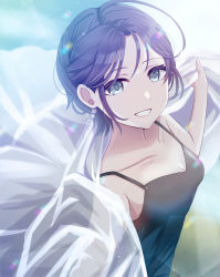Rule 34 | 1girl, :d, absurdres, asakura toru, black camisole, blue eyes, blue hair, breasts, camisole, cleavage, collarbone, cowlick, earrings, highres, idolmaster, idolmaster shiny colors, jewelry, light particles, looking at viewer, open mouth, robe, sakura ran, see-through, short hair, small breasts, smile, upper body