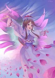 Rule 34 | 1girl, artist name, blue background, brown eyes, brown hair, capelet, cherry blossoms, collared capelet, commentary, dated, dress, fairy, fairy wings, floating hair, flying, hat, highres, lily white, long hair, looking to the side, multicolored background, open mouth, outstretched arms, petals, red ribbon, ribbon, riki6, smile, solo, spread arms, touhou, white capelet, white dress, white hat, wide sleeves, wing collar, wings