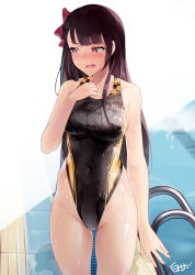 Rule 34 | 1girl, bare shoulders, black one-piece swimsuit, blush, bow, breasts, collarbone, competition swimsuit, cowboy shot, embarrassed, girls&#039; frontline, hair bow, hair ribbon, hand up, highleg, highres, large breasts, long hair, looking away, medium breasts, one-piece swimsuit, one side up, open mouth, purple hair, red bow, red eyes, revision, ribbon, shiny clothes, shirosaba, solo, standing, swimsuit, very long hair, wa2000 (girls&#039; frontline), wet