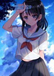 Rule 34 | 1girl, arm behind back, arm up, black hair, black skirt, blue eyes, blue sailor collar, blue sky, blush, breasts, closed mouth, cloud, cloudy sky, commentary request, day, highres, holding, long hair, looking at viewer, midriff peek, navel, neckerchief, nekozuki yuki, original, outdoors, pleated skirt, ramune, red neckerchief, sailor collar, school uniform, serafuku, short sleeves, signature, skirt, sky, small breasts, smile, solo