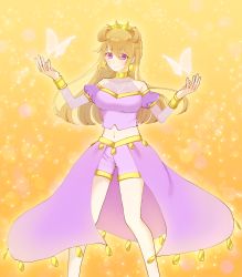 Rule 34 | 1girl, artist name, artist request, bare legs, blush, bracelet, breasts, brown hair, bug, butterfly, butterfly (love live!), choker, cleavage, clothing cutout, collarbone, cropped shirt, crown, detached sleeves, double bun, dress, dress shirt, earrings, feathers, female focus, gold bracelet, hair between eyes, hair bun, hair rings, harem outfit, highres, insect, jewelry, konoe kanata, long hair, looking at viewer, love live!, love live! nijigasaki high school idol club, love live! school idol festival, navel, orange background, parted lips, puffy short sleeves, puffy sleeves, purple eyes, purple shirt, purple shorts, shirt, short sleeves, shorts, shoulder cutout, small breasts, smile, solo, two side up, white butterfly, white feathers, yellow bracelet, yellow choker