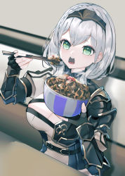 Rule 34 | 1girl, armor, asymmetrical armor, beef, belt, black gloves, bowl, braid, breasts, chopsticks, circlet, cleavage, cleavage cutout, clothing cutout, eating, fingerless gloves, food, gloves, gold trim, green eyes, gyuudon, highres, holding, holding bowl, holding chopsticks, hololive, large breasts, lux (dera ix), medium hair, open mouth, shirogane noel, shirogane noel (1st costume), shoulder armor, sitting, solo, striped, teeth, tongue, upper body, upper teeth only, vertical stripes, virtual youtuber, white hair, wrist guards