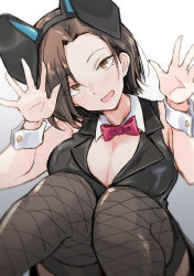 Rule 34 | 1girl, animal ears, bow, bowtie, breasts, brown eyes, brown hair, cleavage, commentary request, detached collar, fake animal ears, fishnet thighhighs, fishnets, gradient background, highres, idolmaster, idolmaster cinderella girls, leotard, medium breasts, mizuki seira, open mouth, outstretched hand, playboy bunny, rabbit ears, short hair, sketch, solo, thighhighs, unu (unucence)