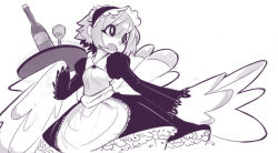 Rule 34 | 1girl, apron, bottle, cup, dress, drinking glass, feathered wings, flat chest, frilled dress, frills, harpy, maid, maid apron, maid headdress, monochrome, monster girl, original, puffy sleeves, sho-n-d, solo, tray, wine bottle, wine glass, winged arms, wings