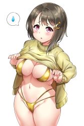Rule 34 | 1girl, :o, alternate breast size, bikini, blush, breasts, brown hair, cameltoe, cleavage, clothes lift, crescent, crescent hair ornament, curvy, feet out of frame, hair ornament, highres, large breasts, lifted by self, looking at viewer, love live!, love live! nijigasaki high school idol club, love live! school idol festival, multi-strapped bikini bottom, nail polish, nakasu kasumi, parted lips, pink eyes, short hair, solo, spoken sweatdrop, sweatdrop, sweater, sweater lift, swimsuit, tem10, thick thighs, thighs, white background, yellow bikini