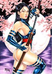Rule 34 | 1girl, artist request, ass, black hair, blue leotard, breasts, curvy, energy sword, highleg, highleg leotard, highres, holding, holding sword, holding weapon, huge ass, katana, large breasts, legs apart, leotard, lips, long hair, looking at viewer, looking to the side, marvel, painting (medium), petals, psylocke, red sash, revealing clothes, sash, shiny clothes, shiny skin, skindentation, solo, standing, sword, thong leotard, traditional media, tree, very long hair, weapon, wide hips, x-men
