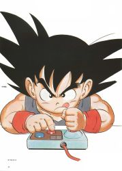 Rule 34 | 1980s (style), 1986, 1boy, :q, aged down, black hair, child, controller, dragon ball, game controller, highres, joystick, male focus, muscular, muscular child, official art, oldschool, playing games, retro artstyle, scan, scan artifacts, solo, son goku, spiked hair, toei animation, tongue, tongue out, toriyama akira, wristband