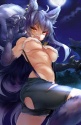 Rule 34 | 1girl, animal ears, bandeau, bare shoulders, blue hair, breasts, claws, earrings, female focus, highres, jewelry, large breasts, moon, naso4, night, paw pose, purple sky, scar, shorts, sky, solo, suspenders, tail, thighs, torn clothes, torn shorts, underboob, werewolf, white bandeau, wolf, wolf ears, wolf tail, yellow eyes